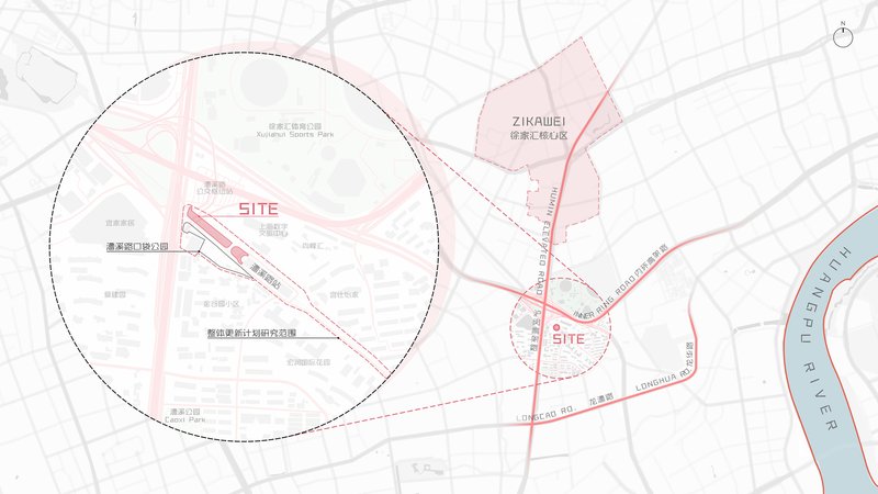 Site plan drawing showing the location of two intervention zones within the surrounding urban street grid