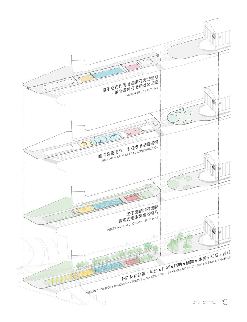 Exploded axonometric drawing illustrating the programmatic arrangement across four stacked levels beneath the elevated structure
