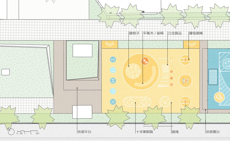 Plan drawing showing a sports court in orange with adjacent planted buffer and neighboring play area