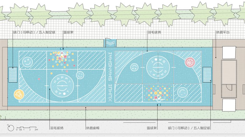 Plan drawing of the full basketball court with turquoise surface markings flanked by green tree symbols