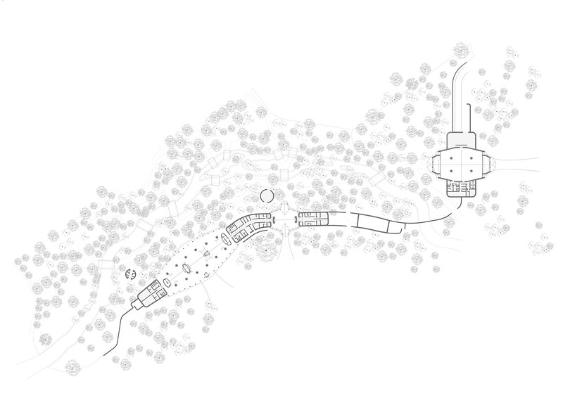 Site plan drawing showing dispersed structures connected by pathways within a field of circular tree symbols