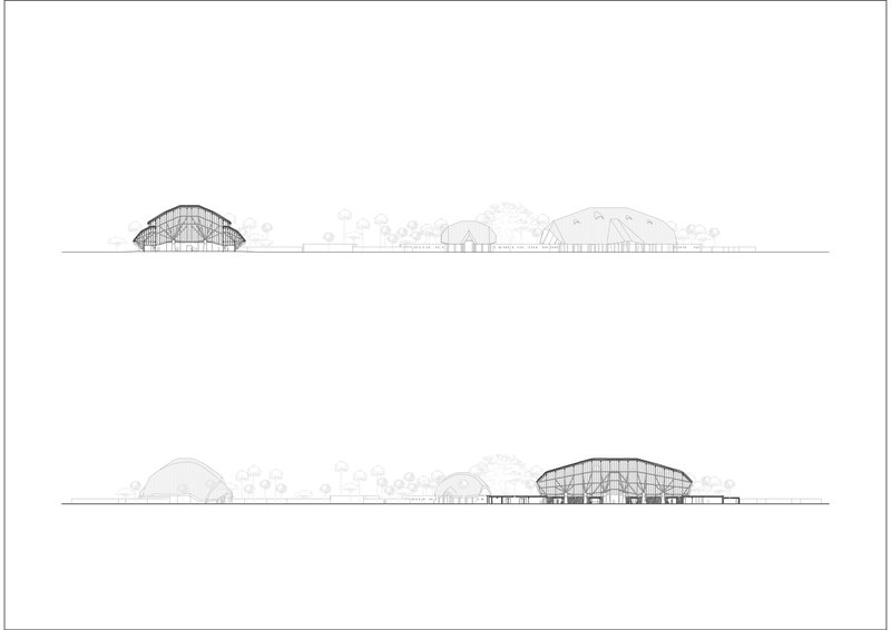 Elevation drawing showing multiple thatched roof profiles with exposed structural framing and surrounding vegetation