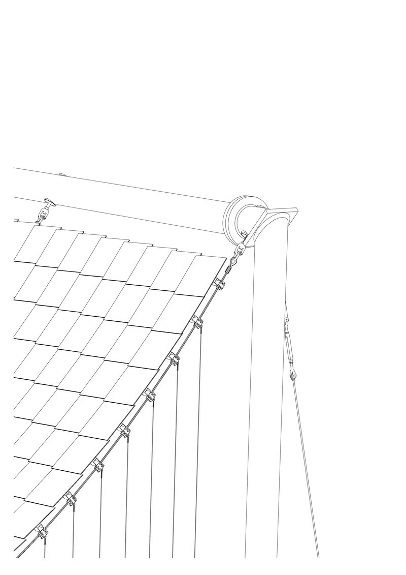 Axonometric drawing showing a cable-stayed canopy corner detail with vertical posts and angled tension cables