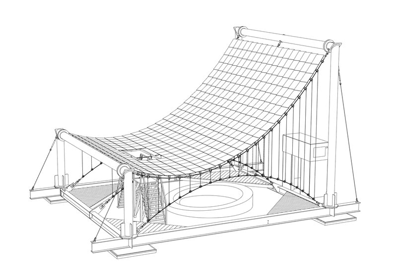 Axonometric drawing of a tensile gridded canopy suspended from masts over a circular floor element