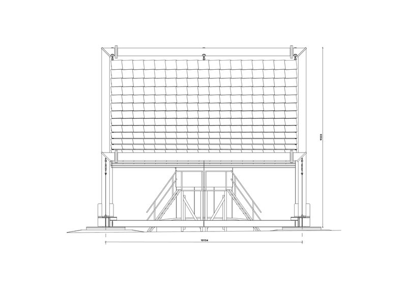 Elevation drawing of a pavilion with a draped grid canopy spanning between two support frames