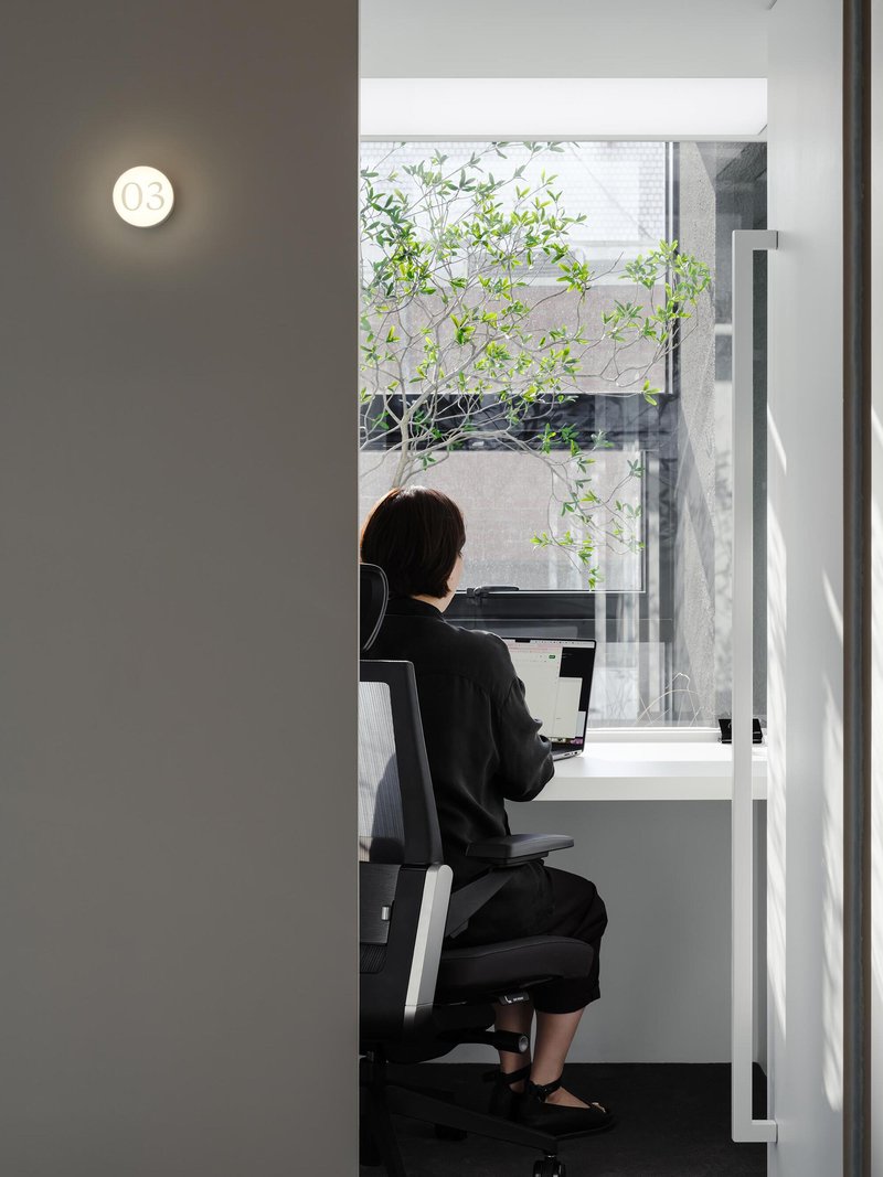 Person seated at a white desk facing a window with a green tree visible outside