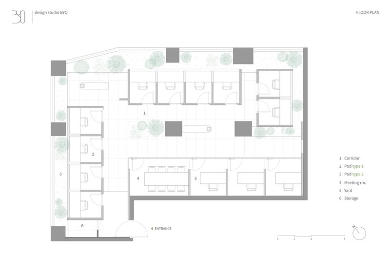Floor plan drawing showing office pods surrounding a central meeting area with planted courtyards