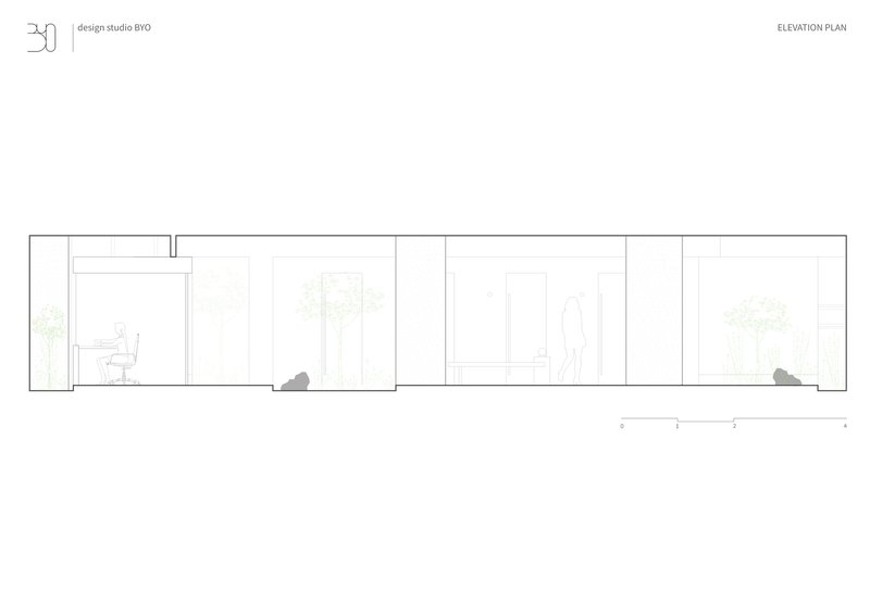 Elevation drawing showing office rooms with transparent partitions and human figure silhouettes