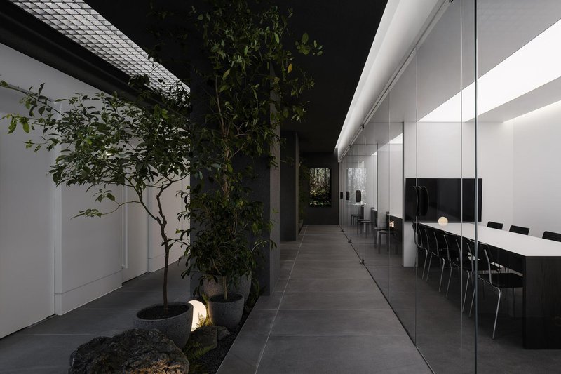 Interior corridor with planted trees in dark gravel beds beside a glazed conference room