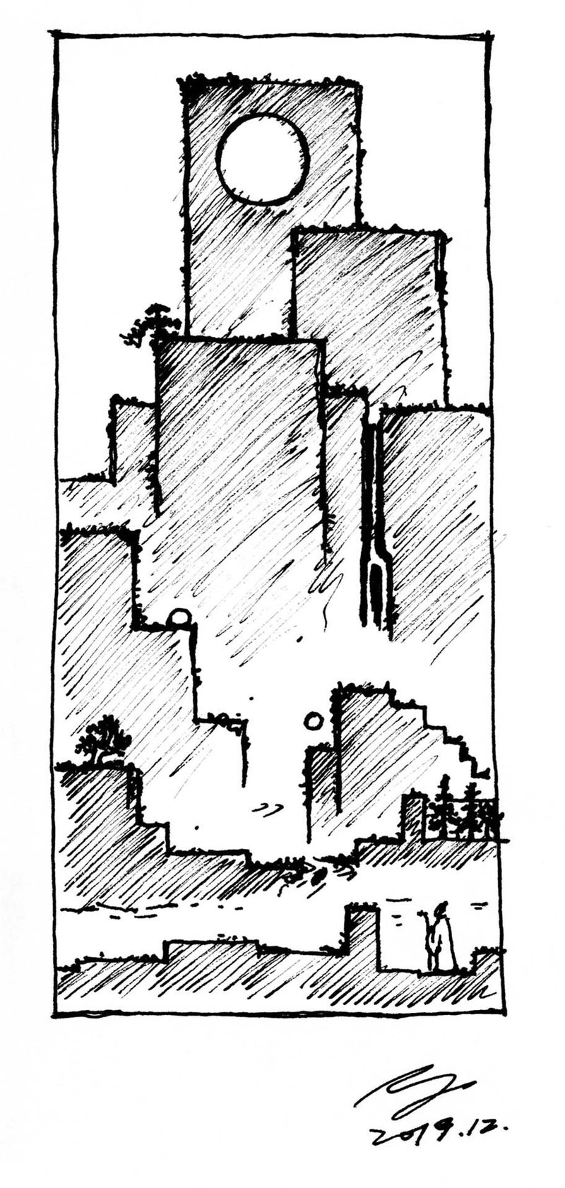 Sketch drawing showing a floor plan with interlocking rooms, a circular element, and tree symbols