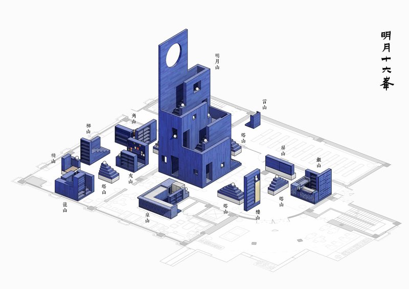 Axonometric drawing of a tower with circular opening and surrounding blue volumes on a gridded base
