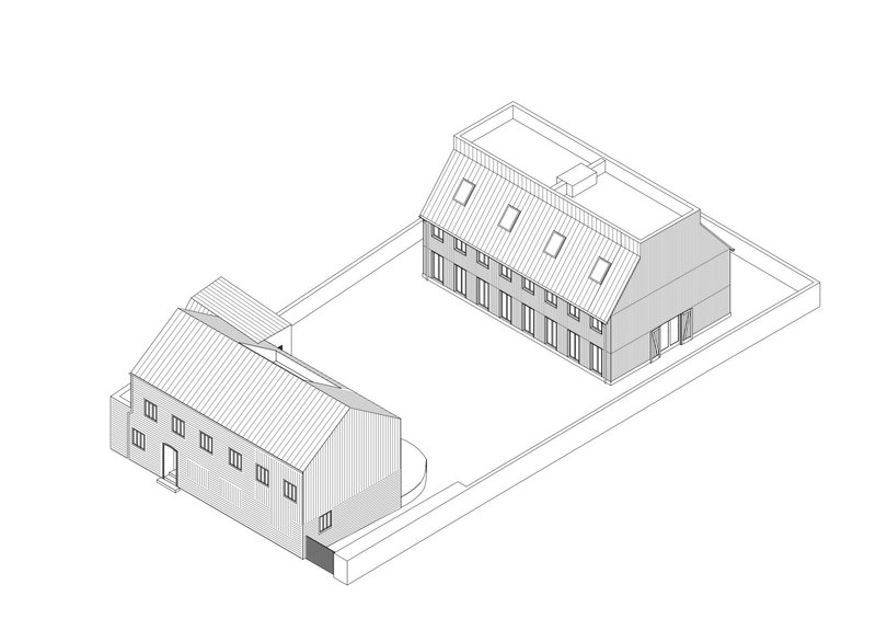 Axonometric drawing showing two gabled volumes arranged around a central courtyard