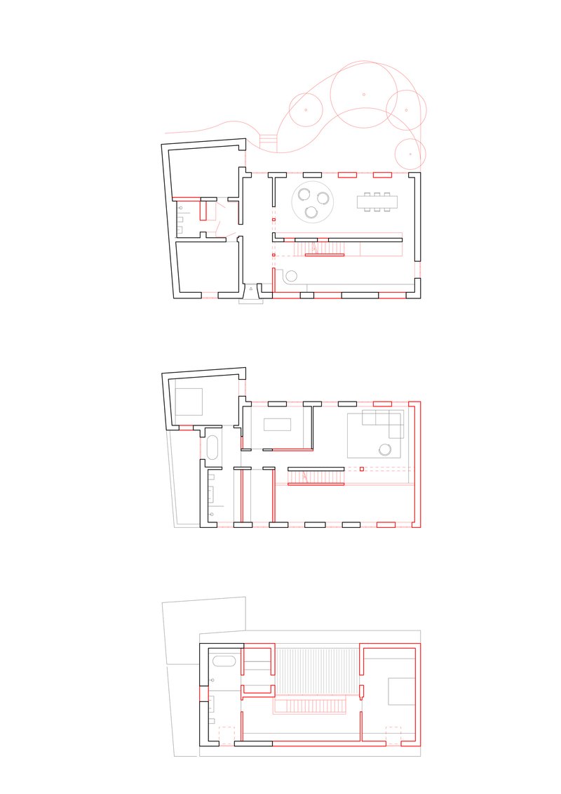 Floor plan drawings showing three levels with highlighted intervention zones in red