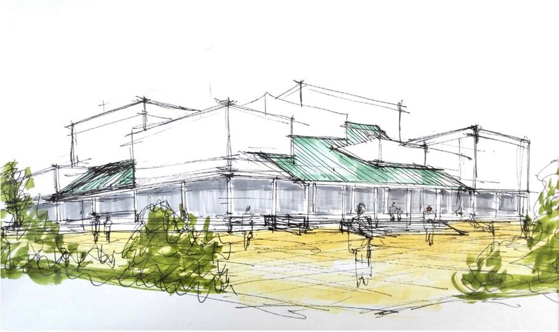 Perspective sketch showing a low-rise complex with sloped green roofs and figures in a sunlit courtyard