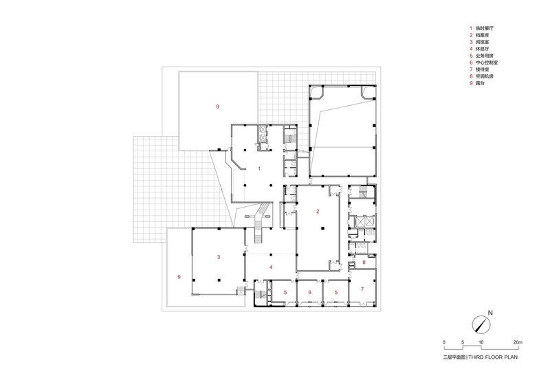Third floor plan revealing terraces and smaller programmed rooms flanking a central circulation zone