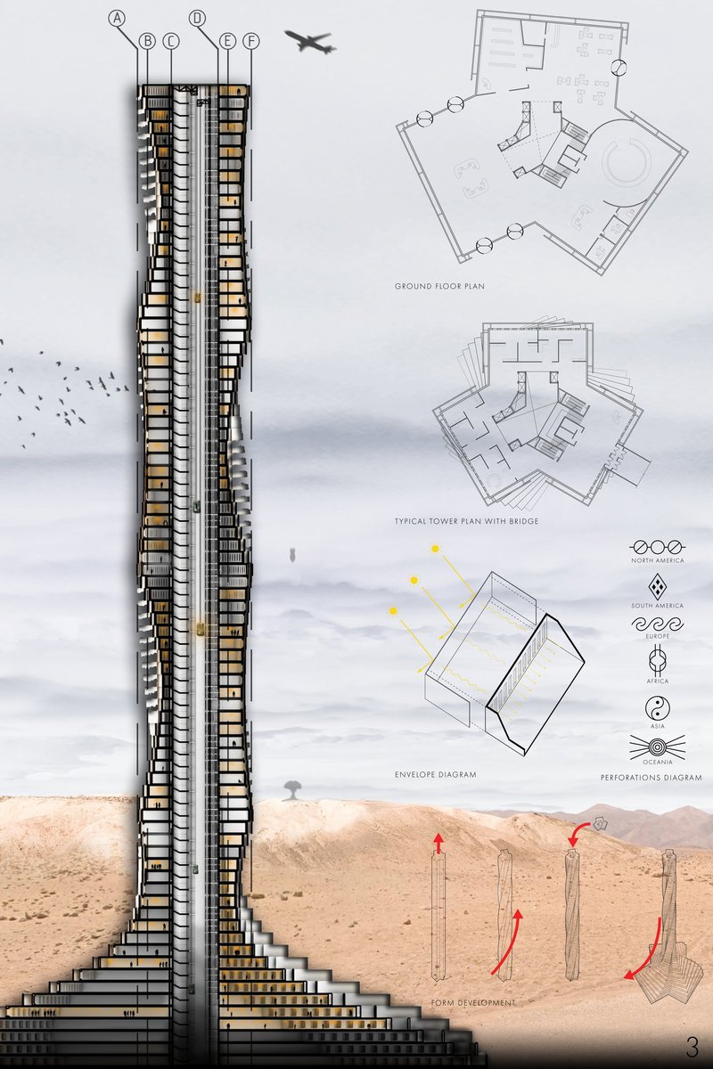 Sectional tower study and plan diagrams revealing modular organization and vertical cultural programming.