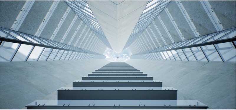 Interior atrium perspective emphasizing light, scale, and the experiential journey through the monument.