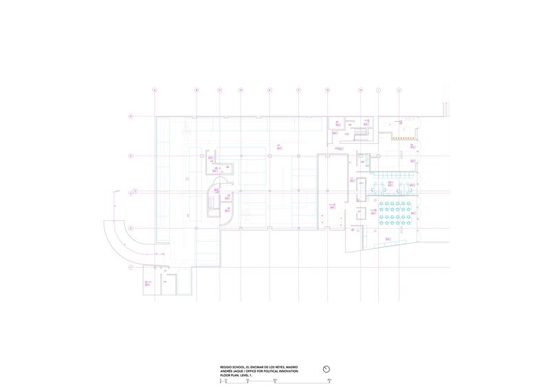 Floor plan drawing showing classroom layout with grid structure and curved service areas