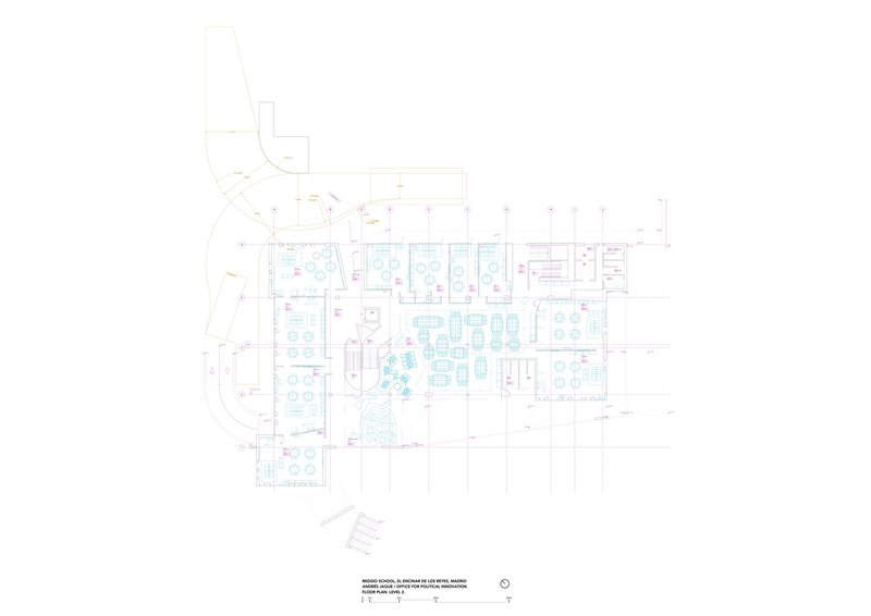 Floor plan drawing depicting classroom arrangement with central circulation core and curved exterior wall