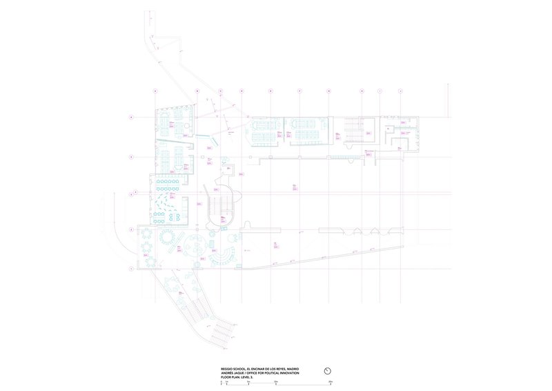 Floor plan drawing showing classrooms with central stair and angled wing extension