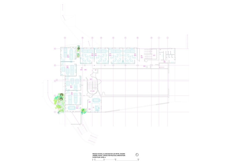 Floor plan drawing with landscaping indicated by green watercolor marks at building corners
