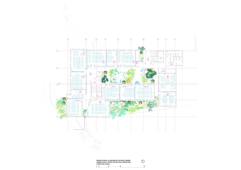 Floor plan drawing featuring interior courtyard with planted areas rendered in green watercolor