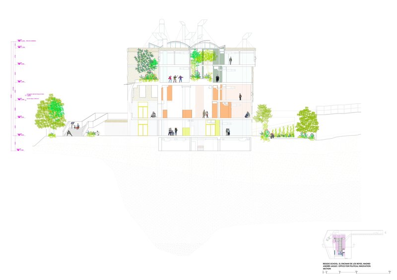 Building section drawing revealing four levels with rooftop gardens, interior spaces and figures throughout