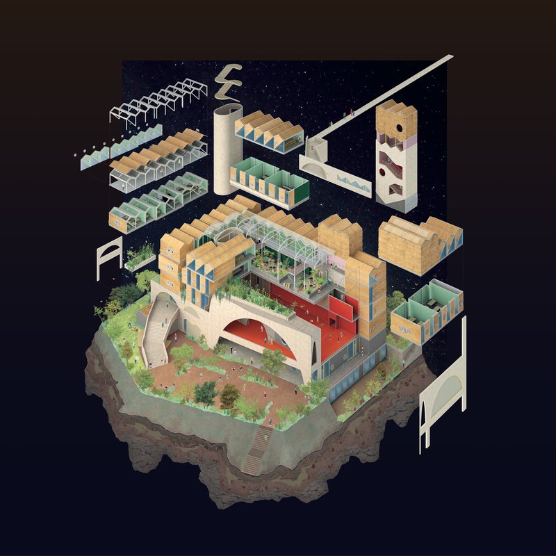 Axonometric drawing of an exploded building assembly showing floors, structural elements and a planted courtyard