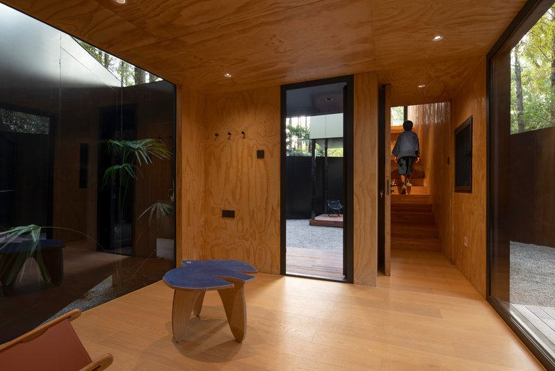 Central plywood-clad room with glazed doors opening to courtyards and a person ascending the staircase