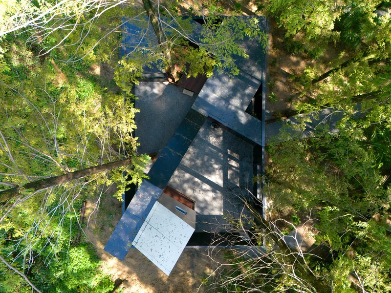 Aerial view of the dark metal roof volumes arranged around gravel courtyards beneath a forest canopy