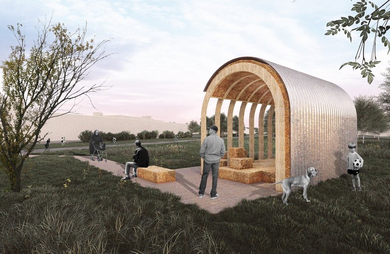 Rendering of a pavilion with corrugated translucent shell and ribbed timber arches in a park with dog visitors