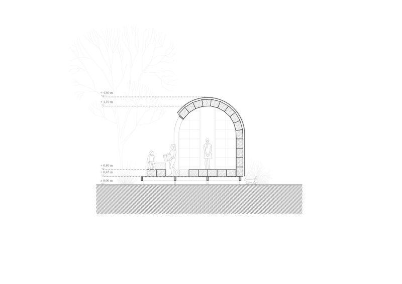 Section drawing showing an arched straw bale structure with figures for scale