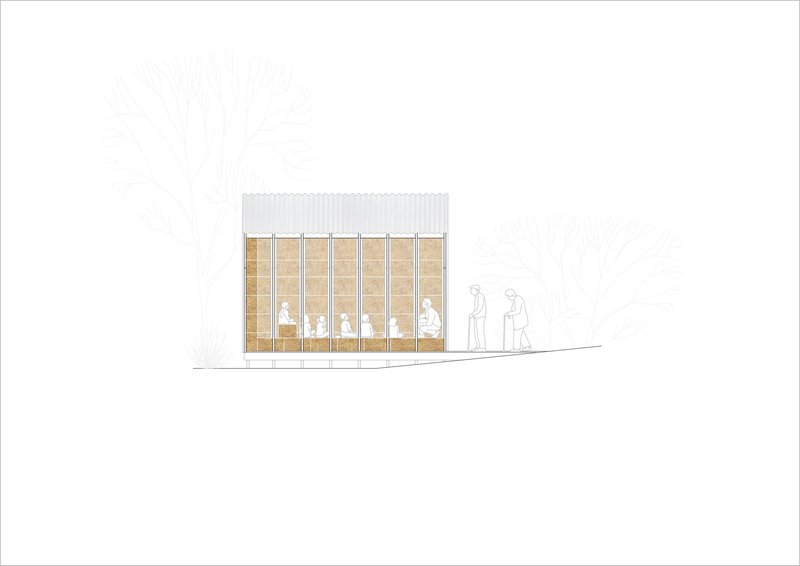 Elevation drawing showing a rectangular structure with vertical straw panel facade and corrugated metal roof with two figures