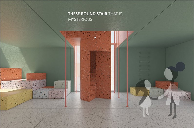 Mysterious circular stair cores encourage curiosity and spatial discovery.