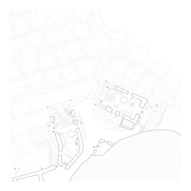 Site plan showing two structures surrounded by topography, pathways, and landscaping elements