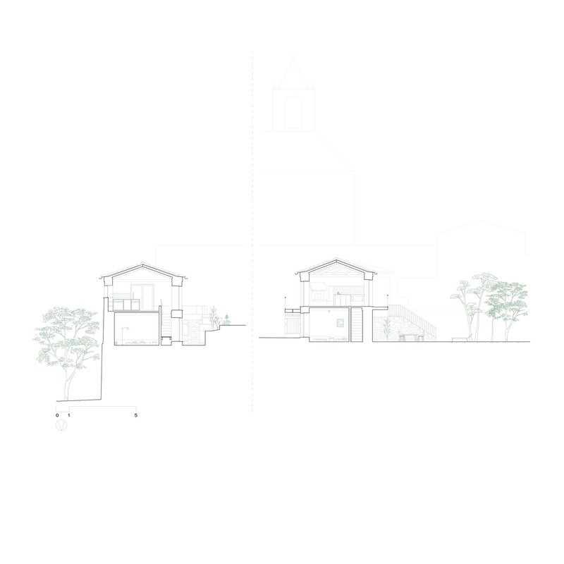 Section drawing showing two gabled volumes at different elevations connected by terraced landscape