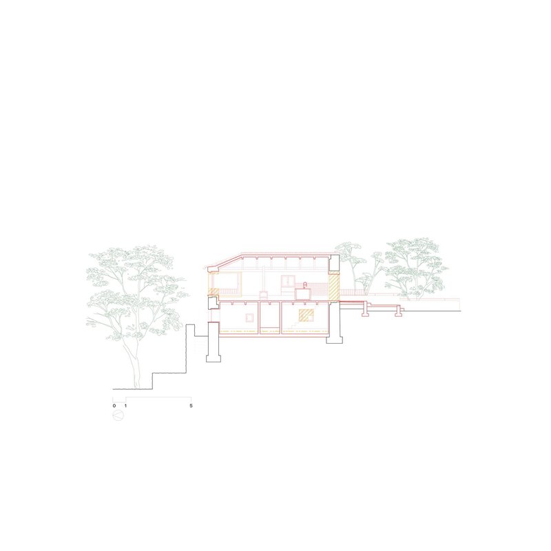 Section drawing showing a split-level residence with gabled roof nestled into a sloping site with surrounding trees