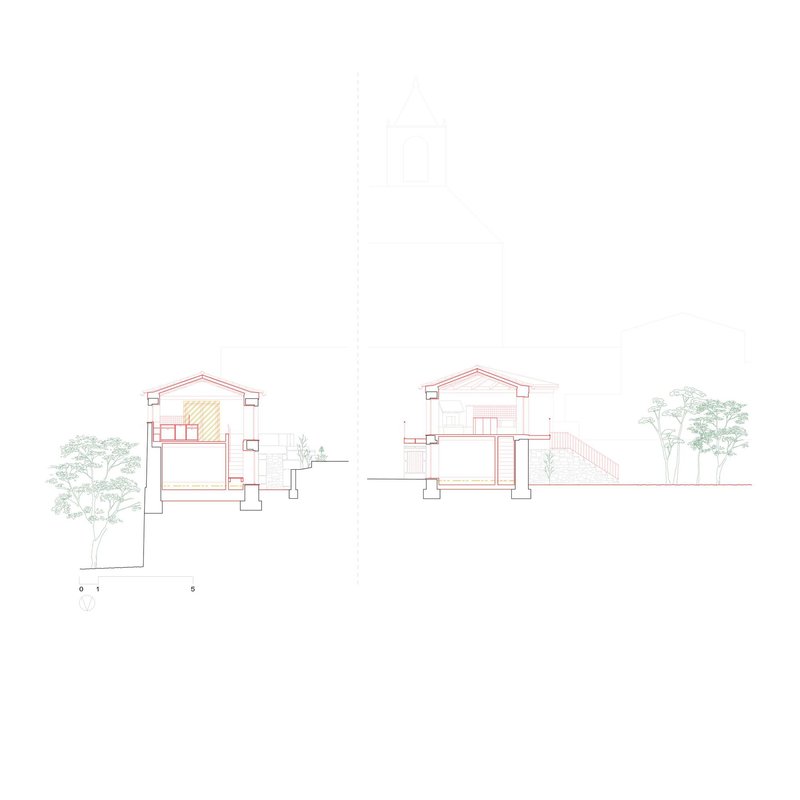 Two section drawings revealing the internal spatial organization of gabled volumes on stepped terrain with adjacent vegetation