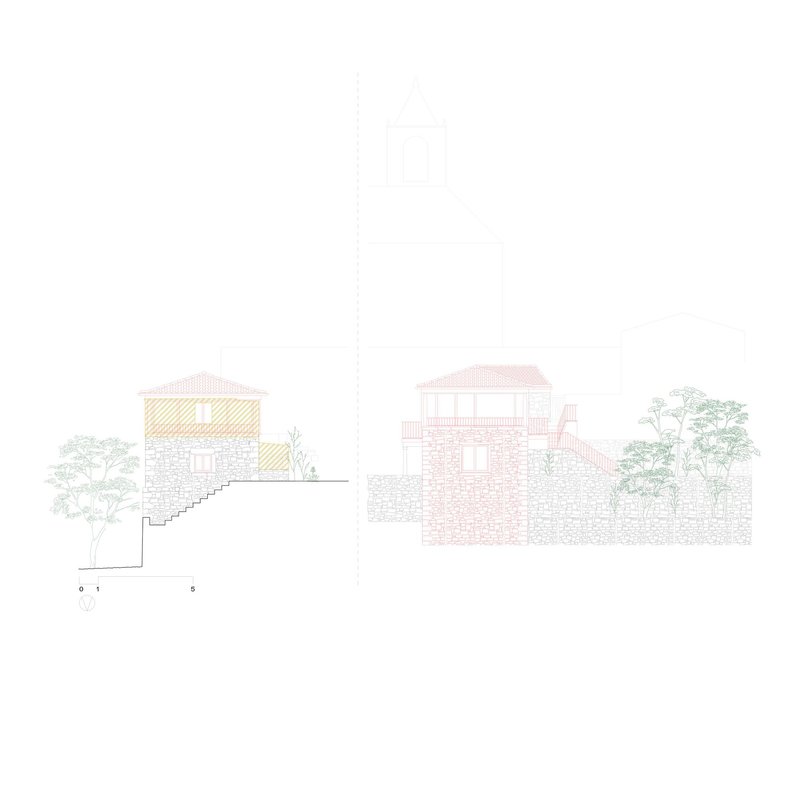 Elevation drawings showing two-story masonry structures with pitched roofs set into a landscaped hillside