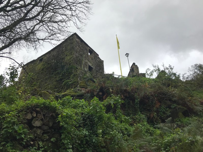 Moss-covered stone building perched on a rocky outcrop beneath a bare tree and overcast sky
