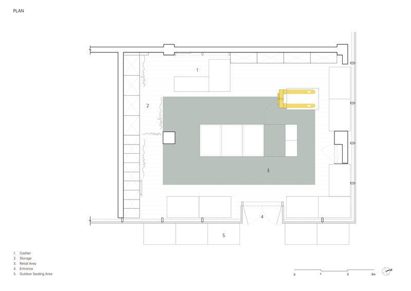 Floor plan drawing showing central retail area surrounded by storage and seating zones