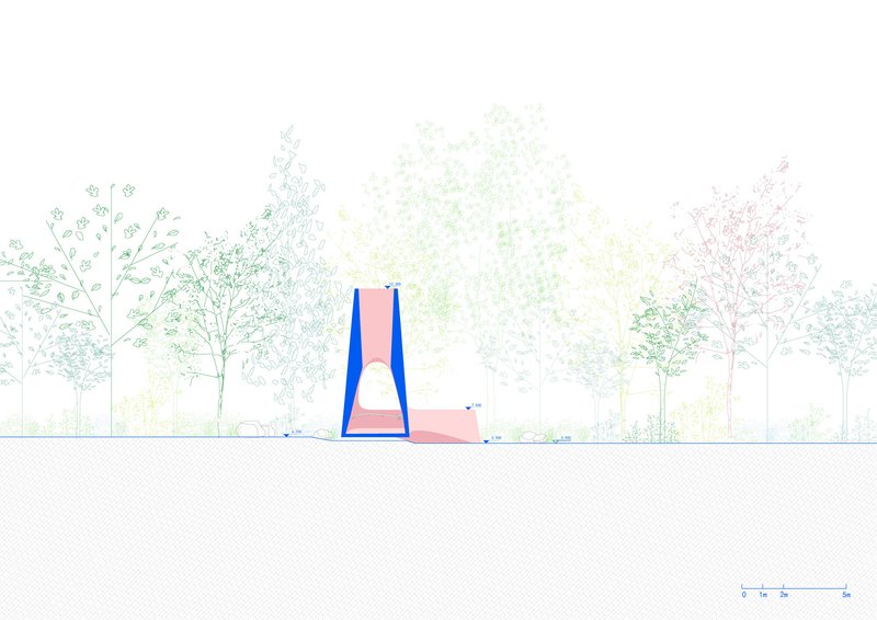 Elevation drawing of a tapered pink structure with blue vertical elements set among deciduous trees