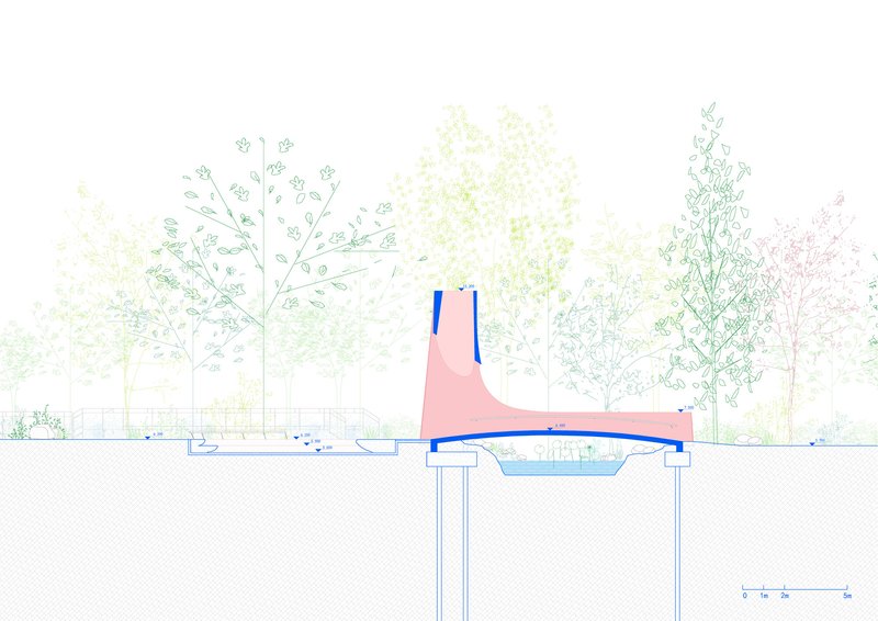 Section drawing revealing subterranean chamber beneath a sloped pink form with twin blue towers above grade