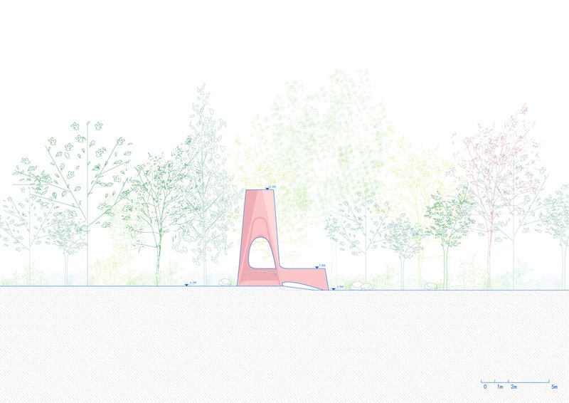 Elevation drawing showing the angled pink pavilion with arched opening framed by trees in varied foliage