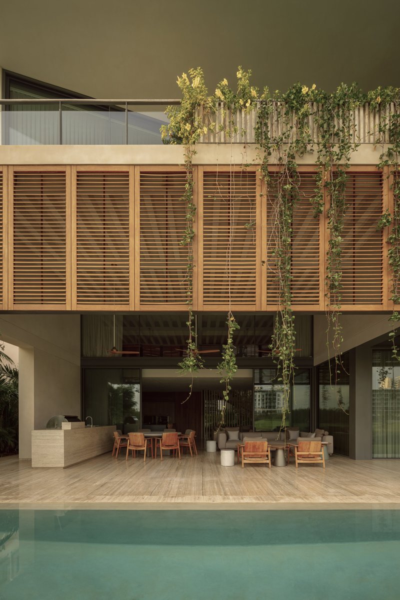 Covered poolside terrace with horizontal timber louver screen and cascading vines overhead