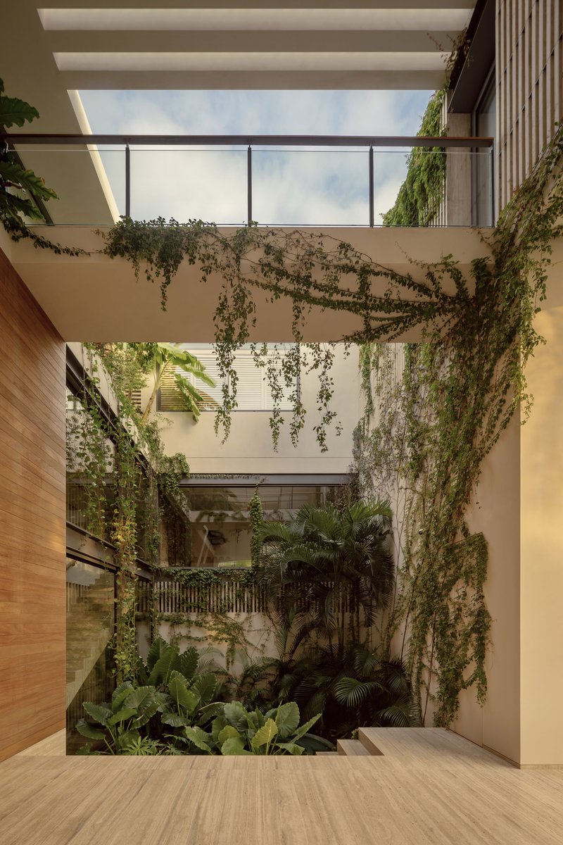 Interior courtyard with climbing greenery descending from skylit upper levels and planted beds below