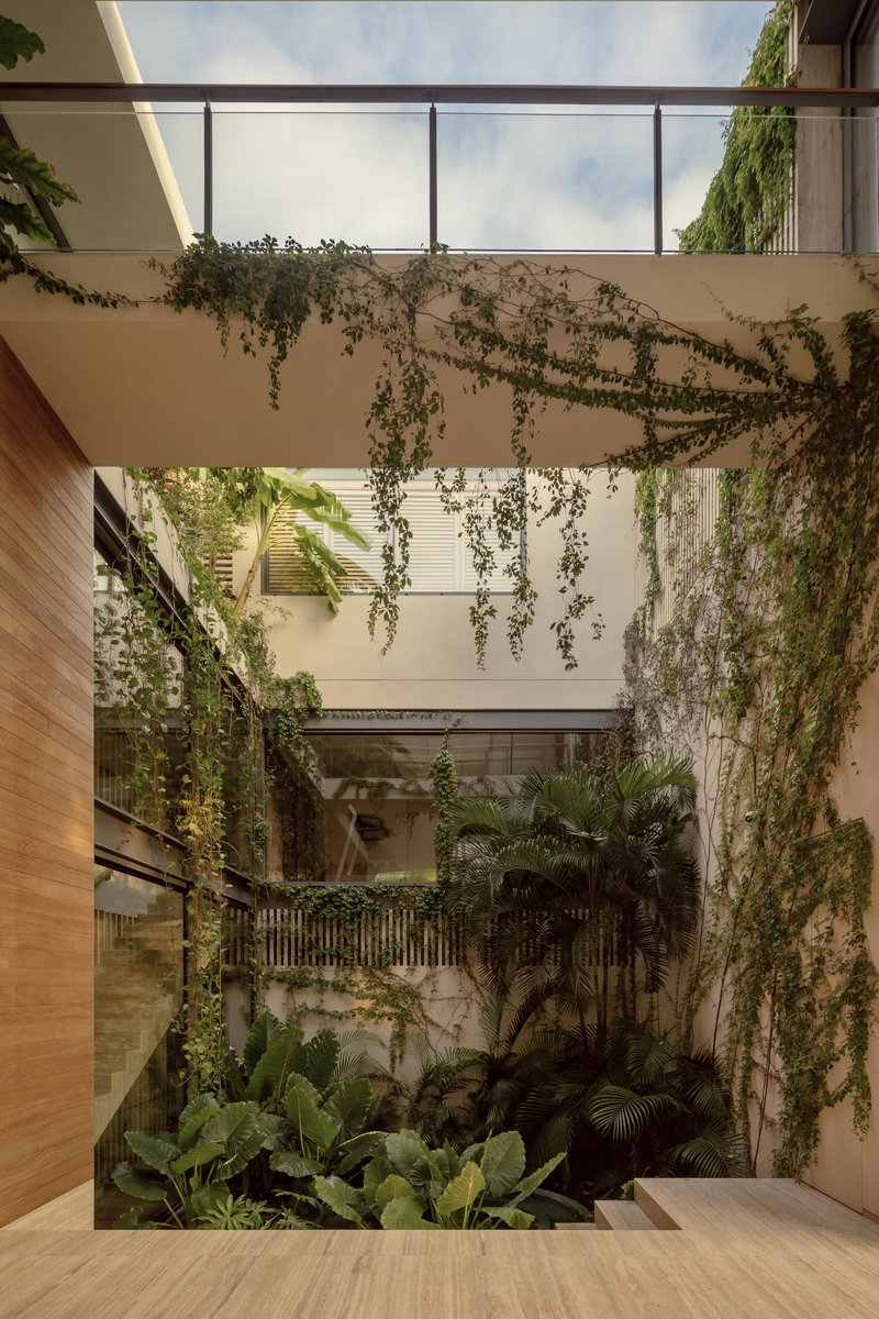 Open-air courtyard with cascading vines covering white walls and timber floor opening to tropical plantings