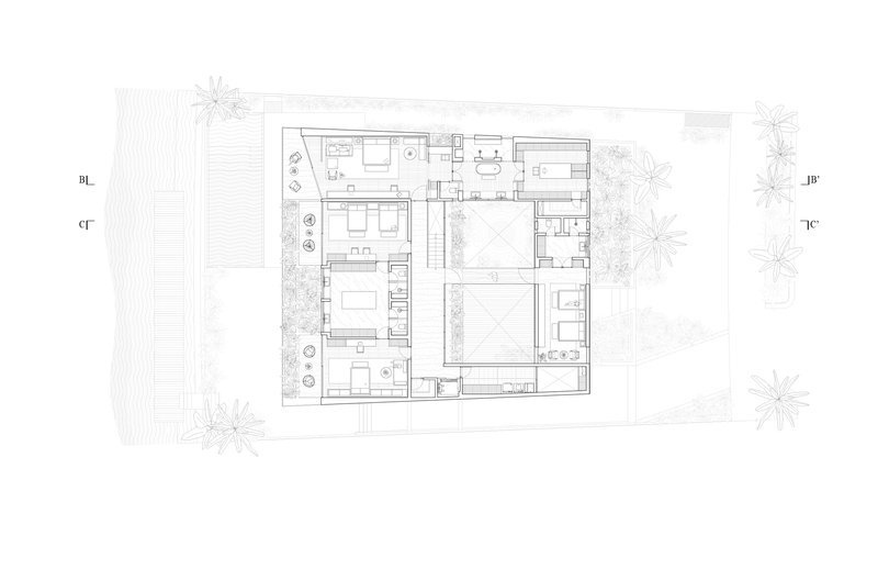 Upper floor plan drawing showing bedroom suites arranged around central void with surrounding planting