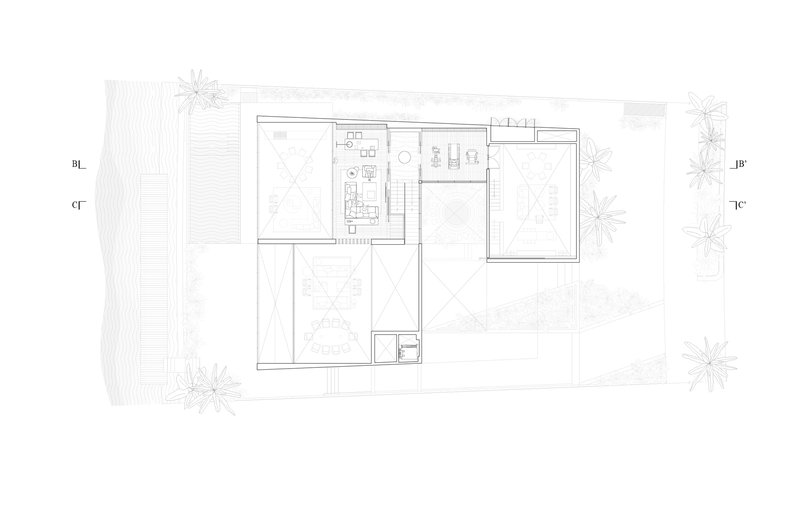Roof floor plan drawing showing terrace spaces and open voids with scattered tree symbols