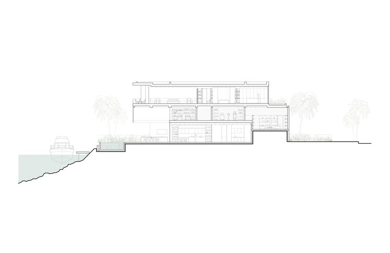 Section drawing showing a terraced structure stepping down a sloped site with palm trees